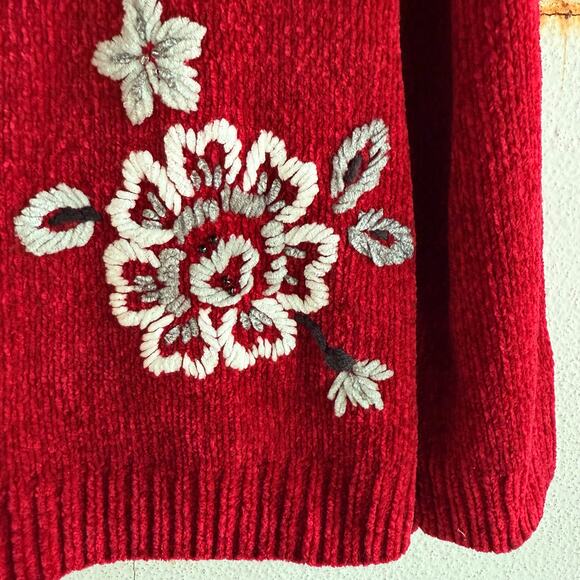 Vtg Alfred Dunner Chenille Sweater Red Cable Knit Embroidery Floral Holiday XL - Picture 2 of 8
